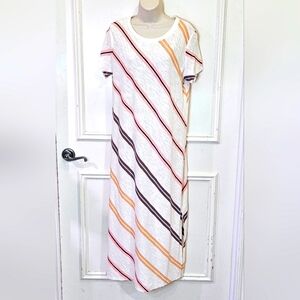 Lou & Grey White Multi-Color Striped T-Shirt Maxi Dress,Medium